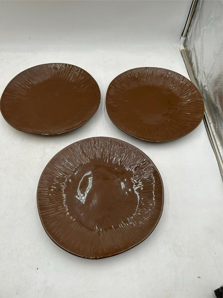 3)  PIER 1   TONALLY MOD  DINNER PLATES   BROWN