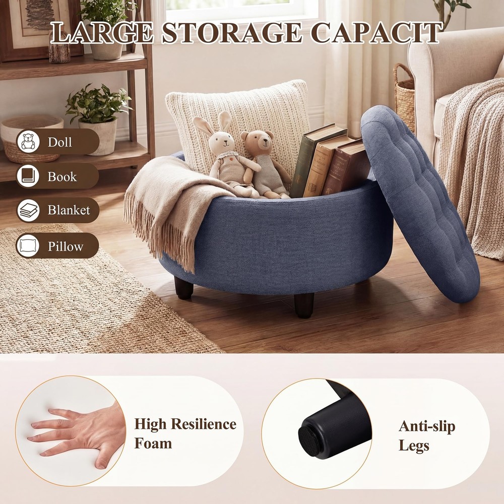 COLAMY Fabric Round Storage Ottoman with Reversible Tray Lid – Multi-Function...