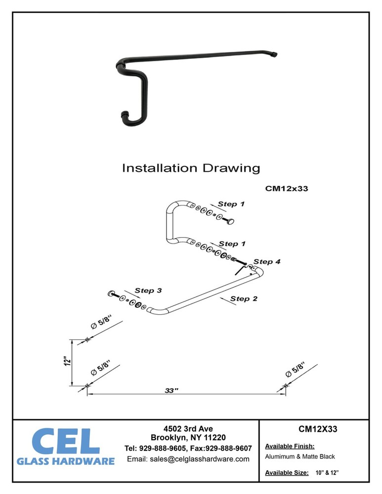 CEL Round Solid Aluminum Storefront Door Pull Handle and Push Bar Set - 12"X33"