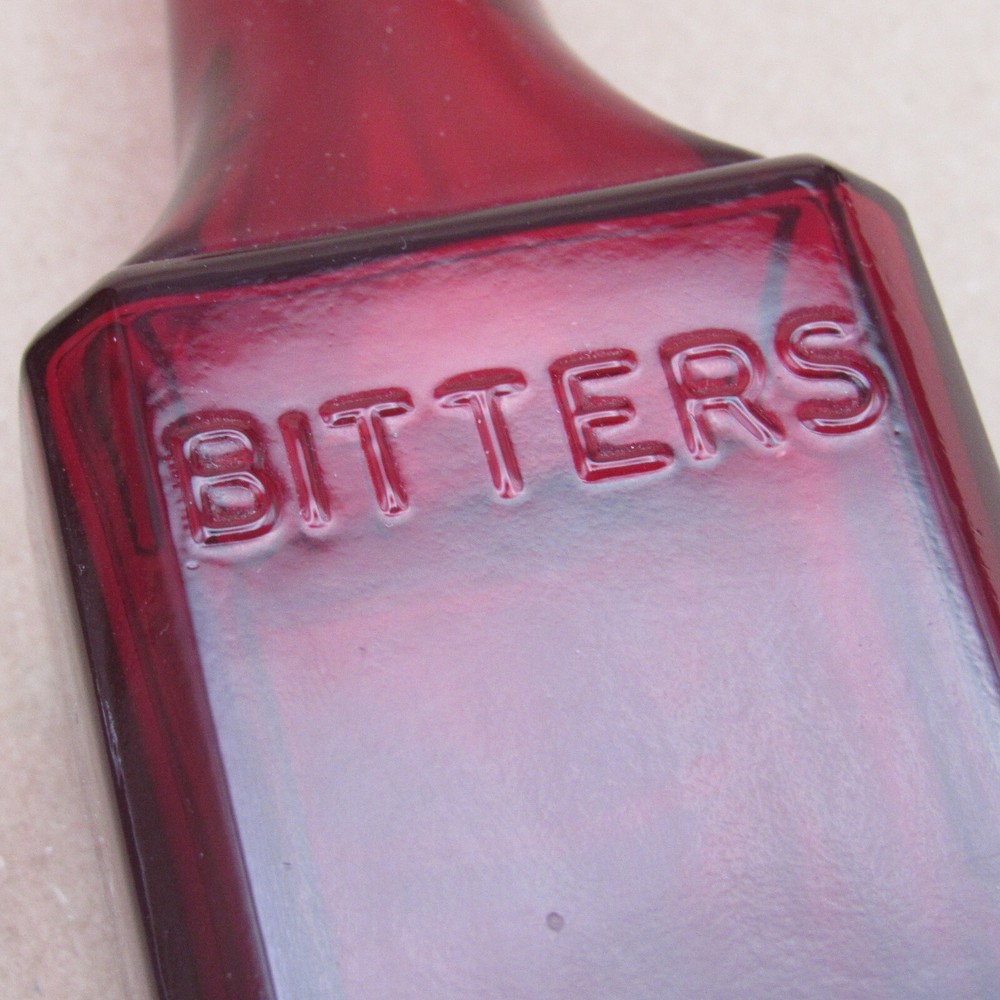 Wheaton Bottle, Ruby Red Bitters, 6" Rectangle Base, Embossed Text, Vintage NJ