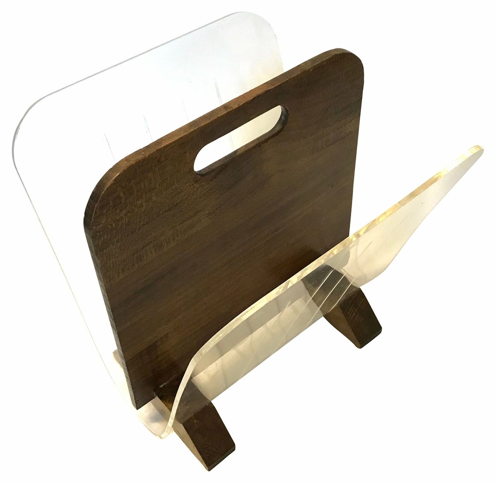 Modernist Walnut & Lucite Magazine Rack