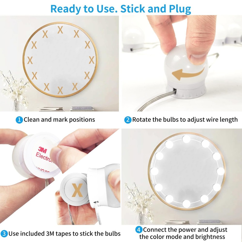 Hollywood Style Mirror Lights, 12 Dimmable Bulbs, Usb Powered, White