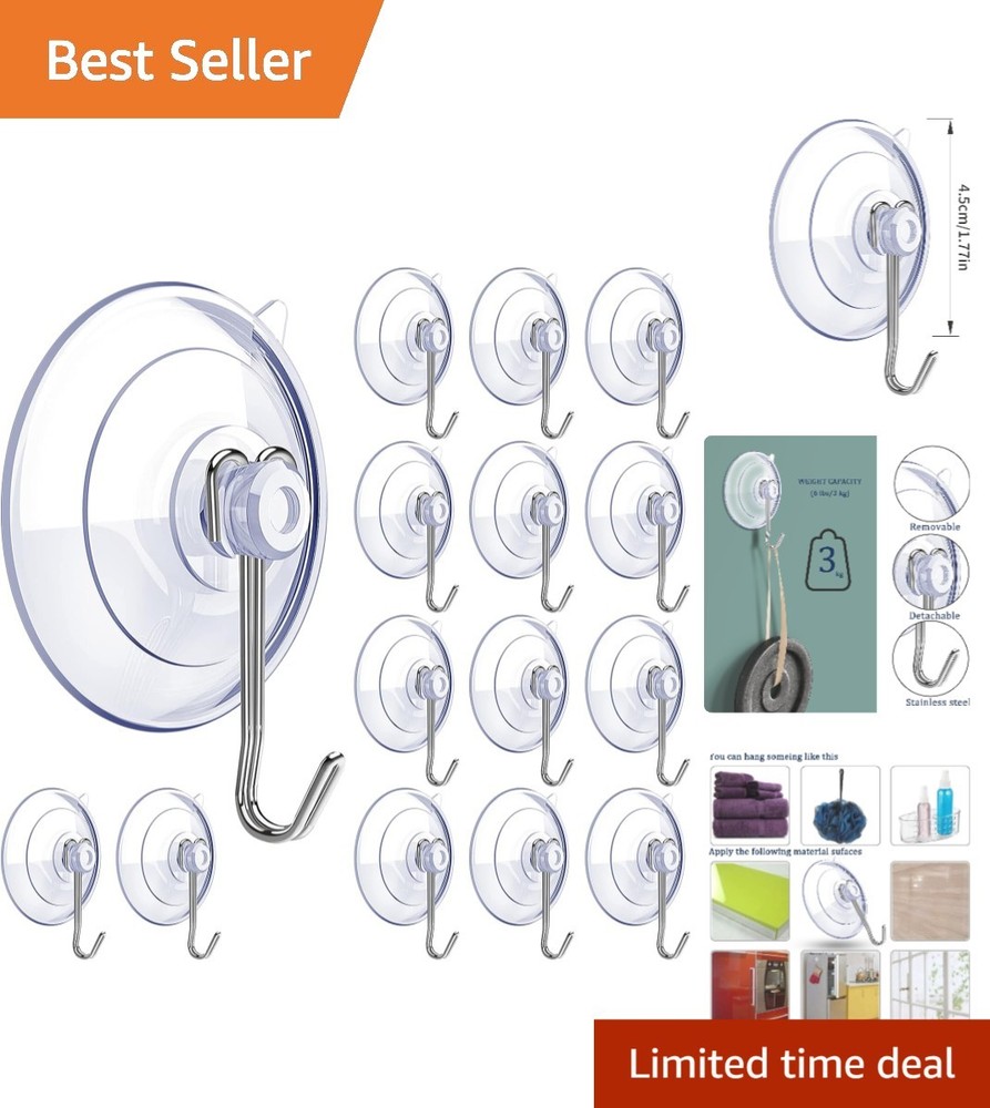 15 PCS  Clear Suction Cup Hooks for Effortless Home Organization