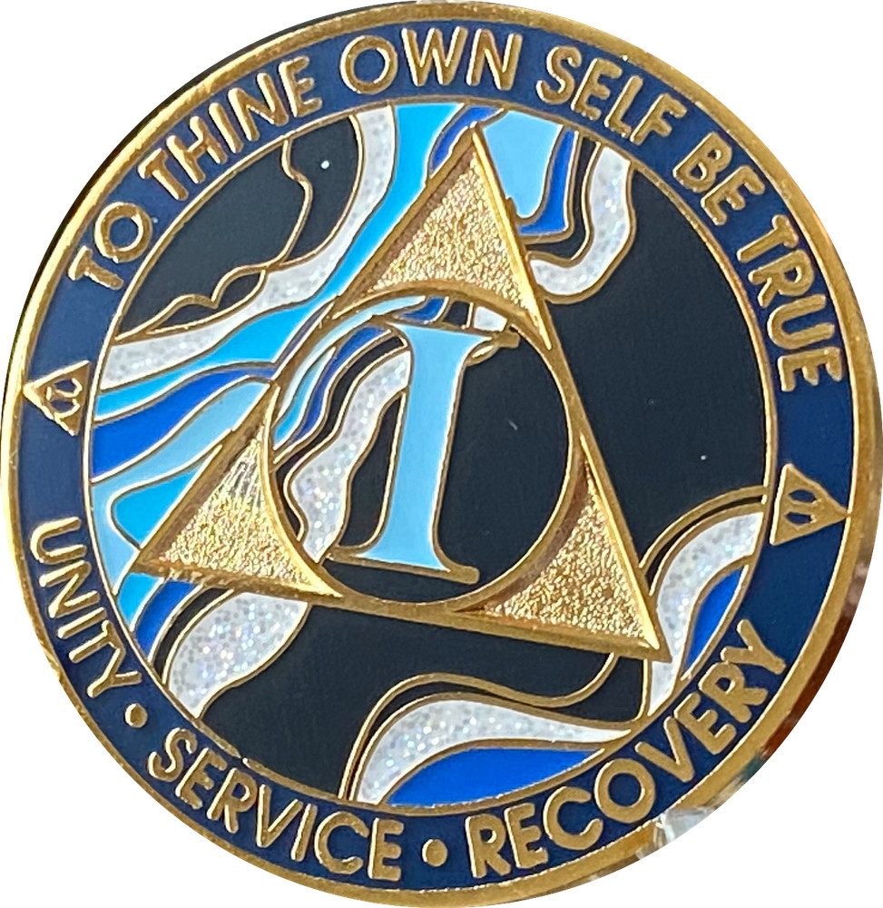 1 Year AA Medallion Elegant Marble Navy Blue Sobriety Chip