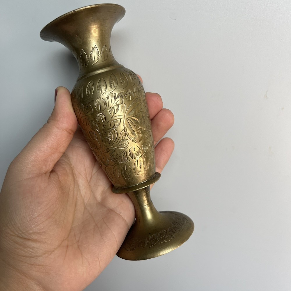 Vintage Solid Brass Indian Bud Vase Etched Floral Engraved Design