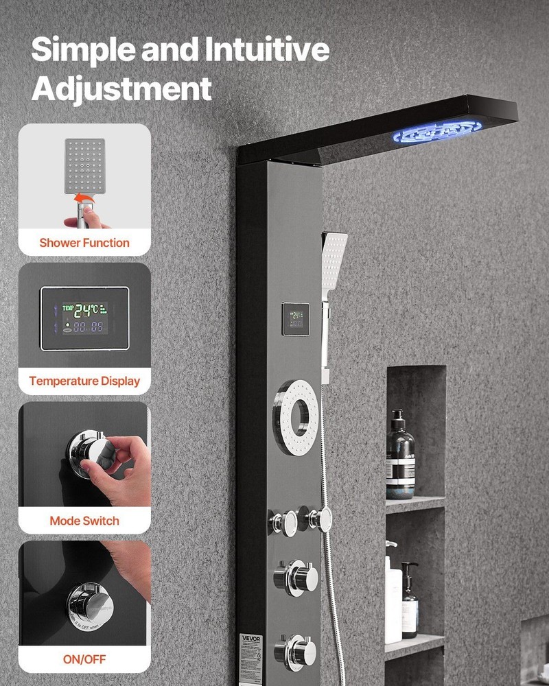 LED Temperature Display 53in 6-Function Shower Panel Tower Brushed SS Column