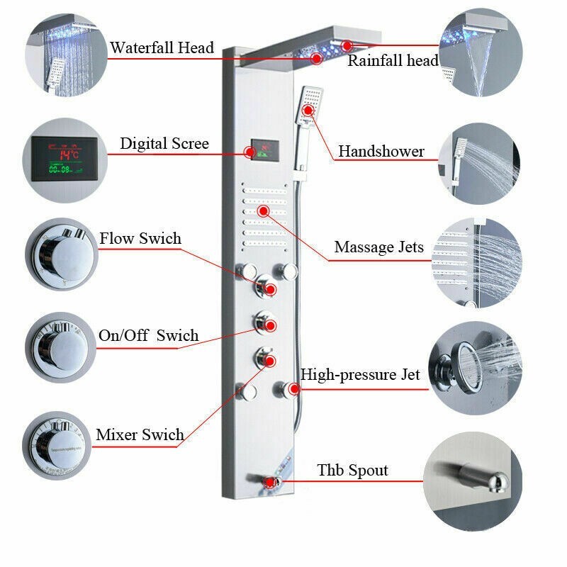 Shower Panel Tower System Brushed LED Rainfall Waterfall Massage Jets Body Tap