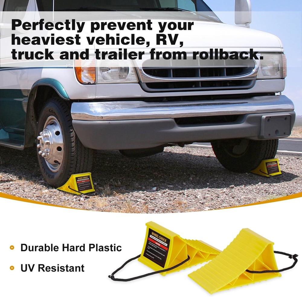 4Packs Yellow Heavy Duty Wheel Chocks with Rope, Easy Removal, Durable, Non-Slip