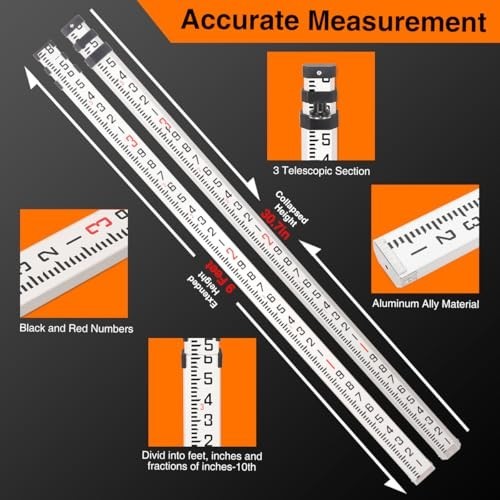 9ft Dual-Sided Telescoping Leveling Rod, 3 Sections, Bubble Level & Carry Case