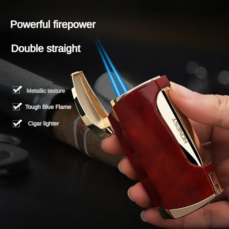 Inflatable Windproof Lighter Dual Fire Jet Metal Lighter with Cigar Hole Smoking