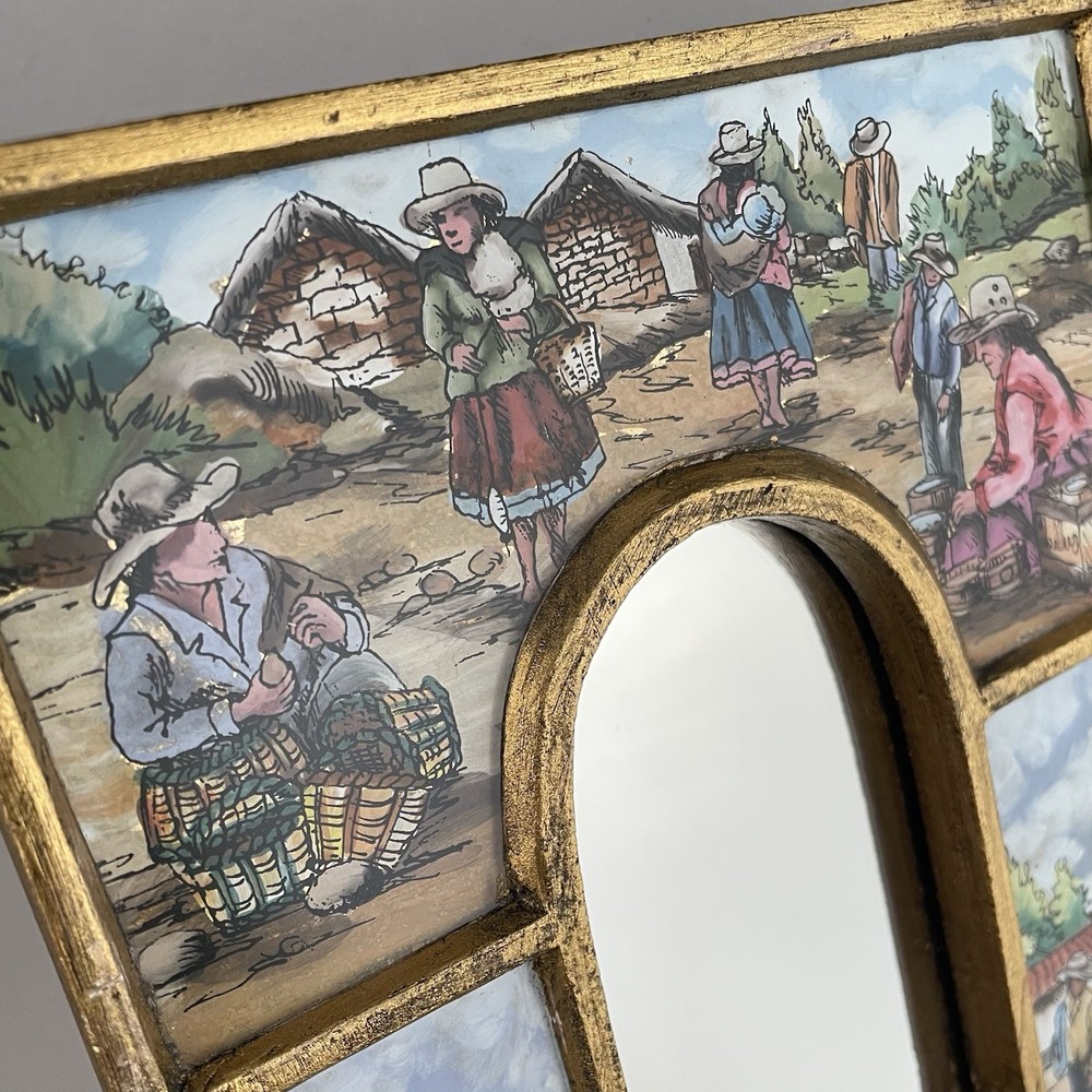 Vintage Peruvian Reverse Painted Wall Mirror Framed Hand Painted Folk Art