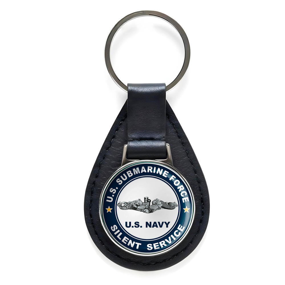 US Submarine Force Silent Service Silver Dolphins Black Leather Keychain Silver