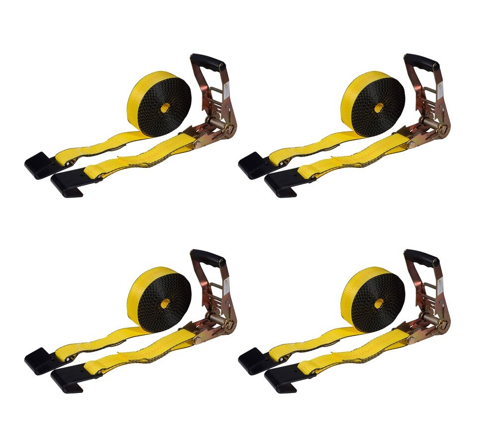 (4 Pack) 2" x 30' Ratchet Strap with Flat Hook - Yellow