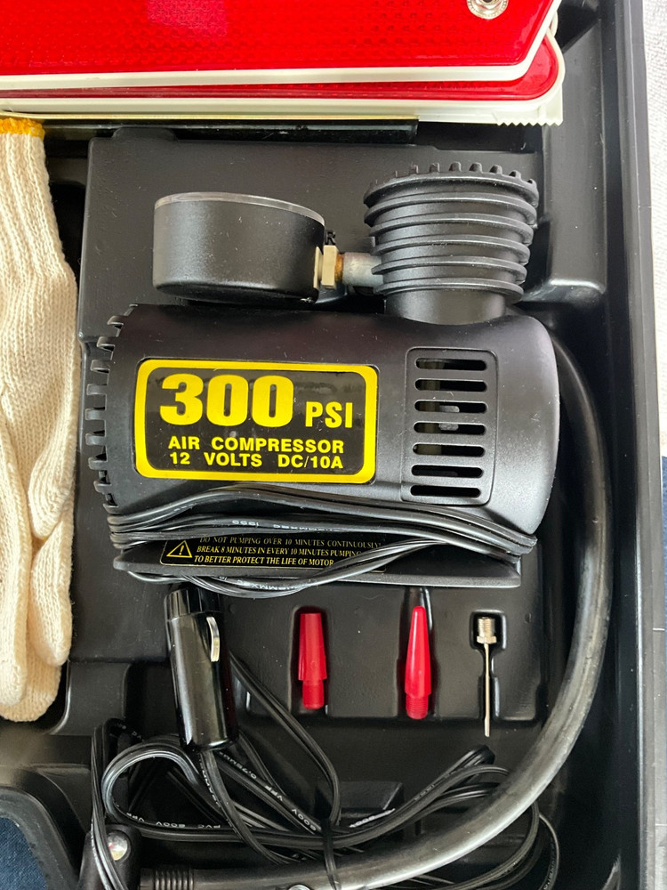 Vtg. NEW Enterprise Emergency Car Kit Jumper Cables Compressor Tools