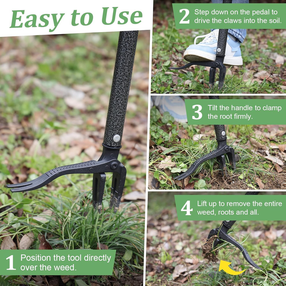 60" Stand-Up Root Puller Tool with Long Handle, Reinforced 4-Claw Metal Head