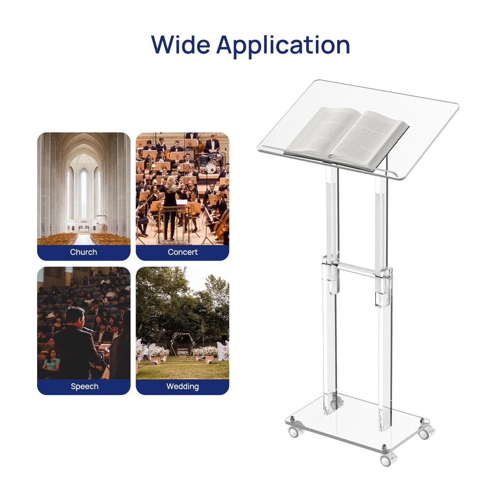 Acrylic Podium Stand with Lockable Wheels, Angle & Height Adjustable, Clear R...