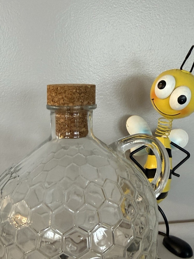 Honeybee Clear Glass Jug with Cork Lid & Handle, Honeycomb Pattern