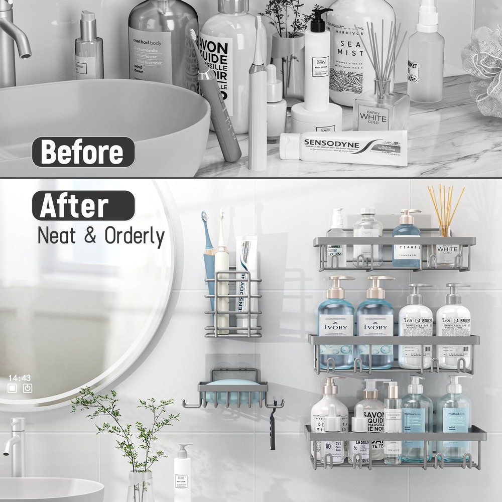 5 Pack Grey Shower Caddy Organizer Rustproof Stainless Steel Adhesive Mount