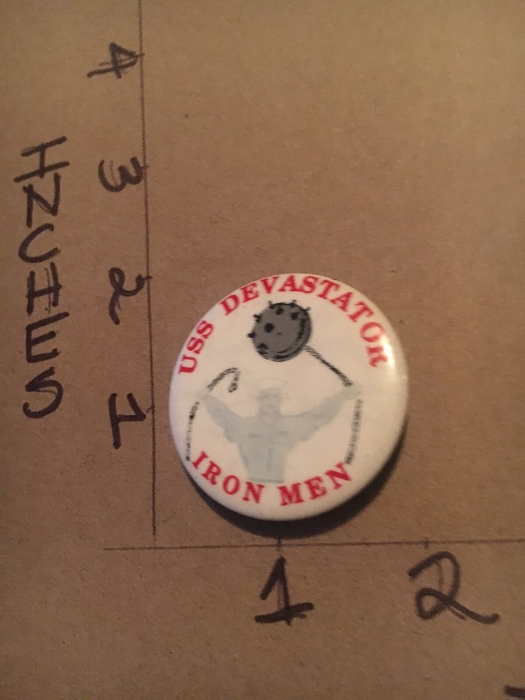 USN USS Devastator MCM-6 Vintage Celluloid Pin Back Button