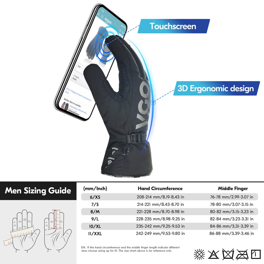 Vgo 1Pairs -4℉ Lined Touchscreen Waterproof Winter Work Gloves (SL7761FLWP-BLA)