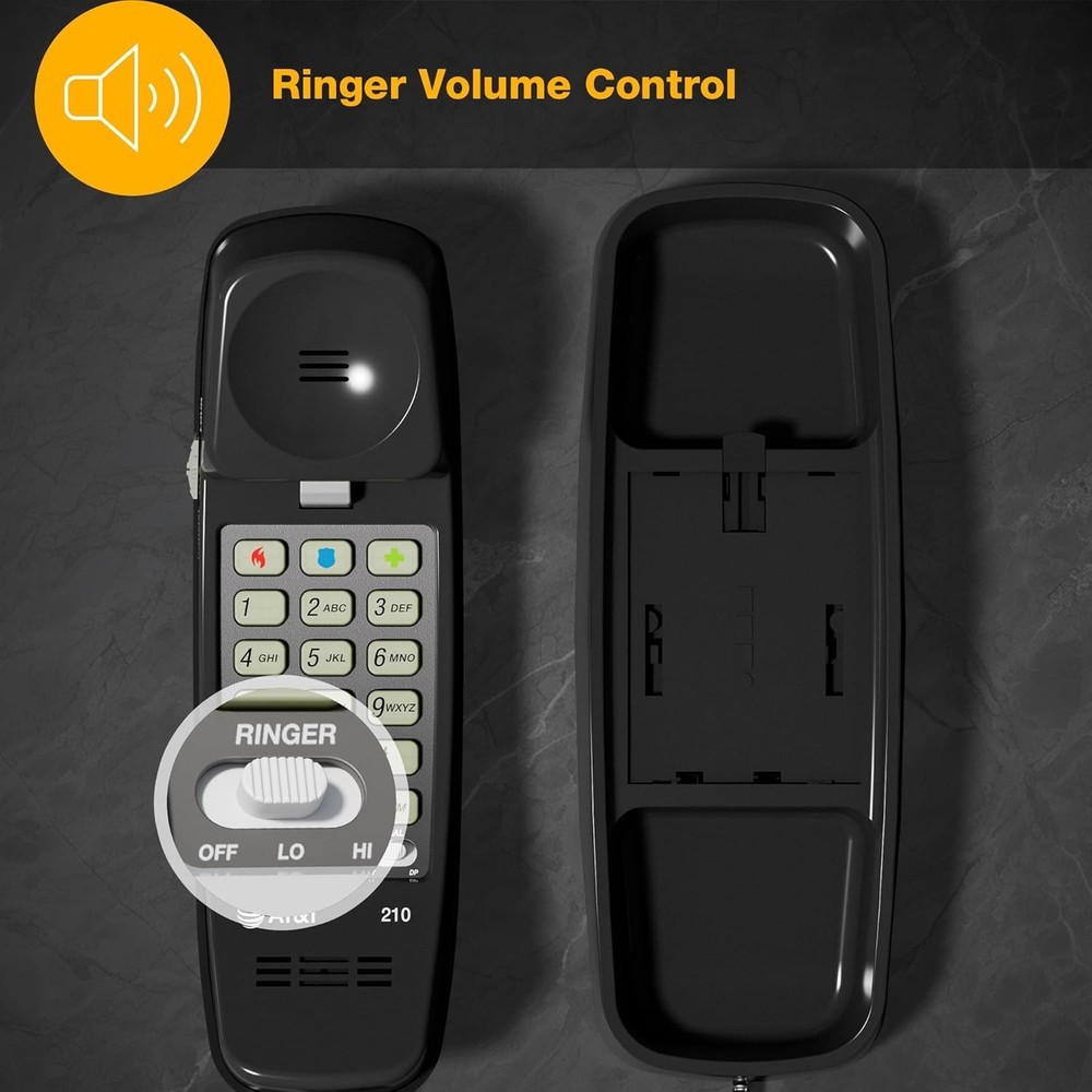 AT&T 210 Basic Trimline Corded Phone Single Line No AC Power Required Black