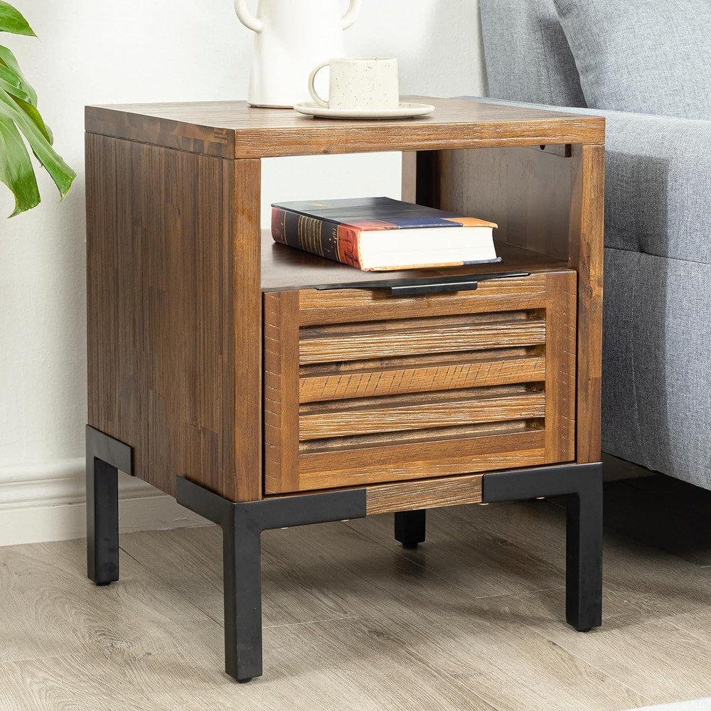 Solid Acacia Wood Nightstand with Drawer Shelf