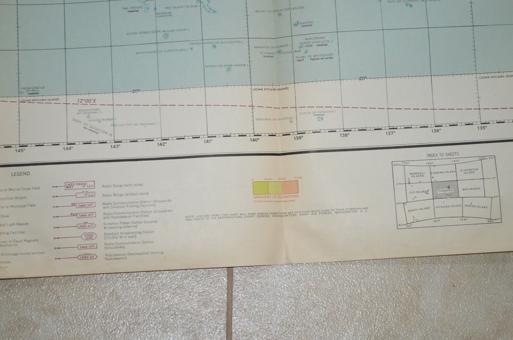 1944 Army WWII Long Range Air Navigation Chart Topographic Map Tuamotu
