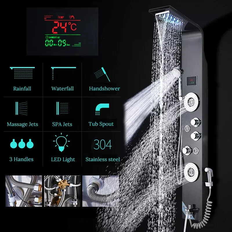 Stainless Steel Shower Panel Tower System LED Rainfall&Waterfall Massage Body