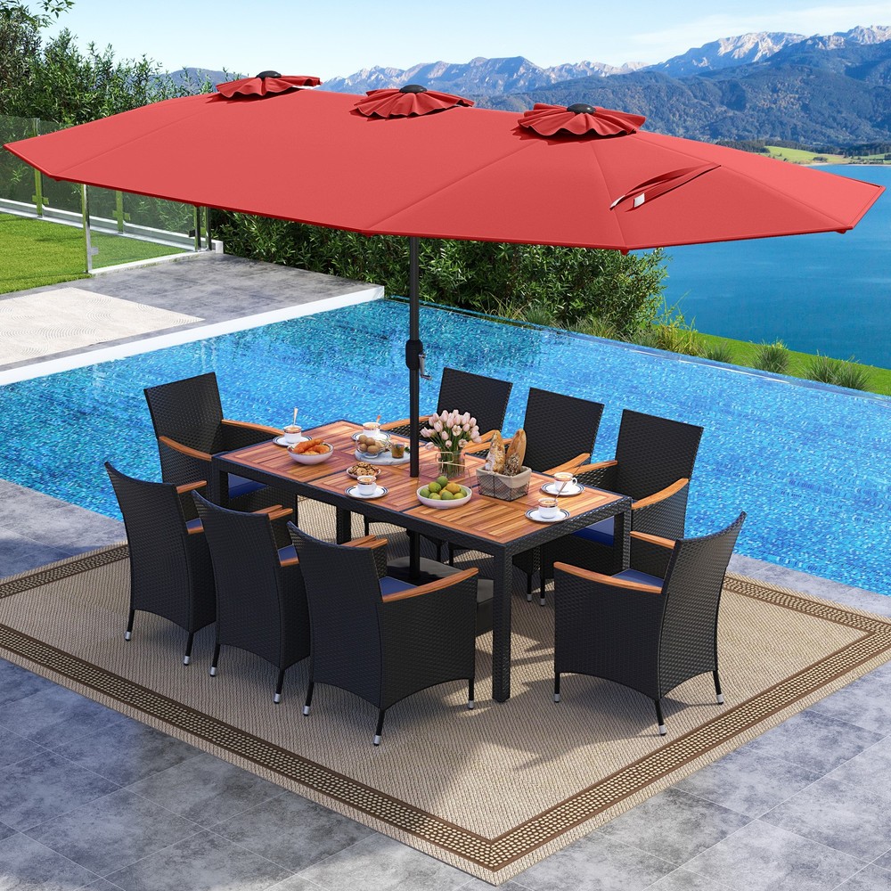 11 PCS Patio Wicker Dining Set w/Double-Sided Outdoor Umbrella 8 Stackable