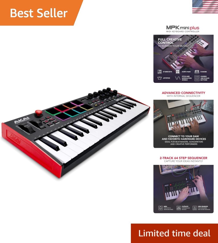 Versatile MPK Mini Plus MIDI Controller - 37 Keys, 8 Pads, Built-in Sequencer