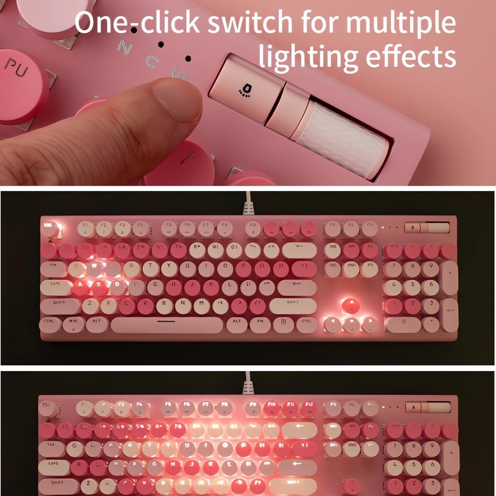 Cute Pink Keyboard Wired, with White Backlit Typewriter, Volume Knob, Light S...