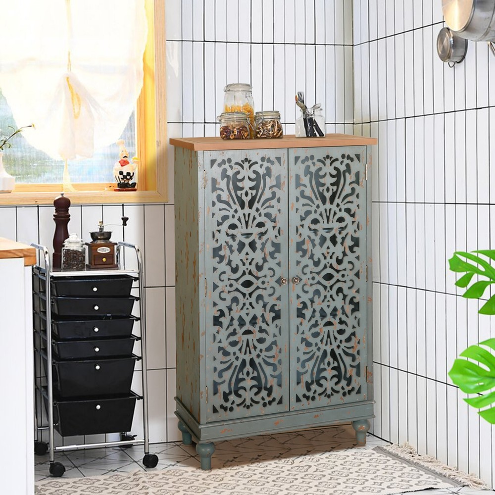 PHI VILLA 47.4" Tall Accent Distressed Cabinet Storage 2 Doors Handmade Rustic