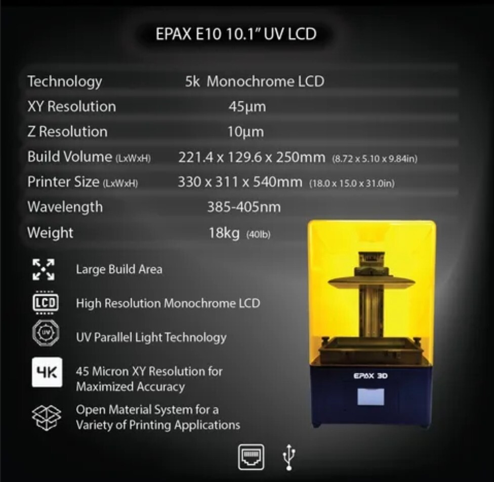 Epax E10-5k 10.1" Monoscreen LCD Resin 3D Printer