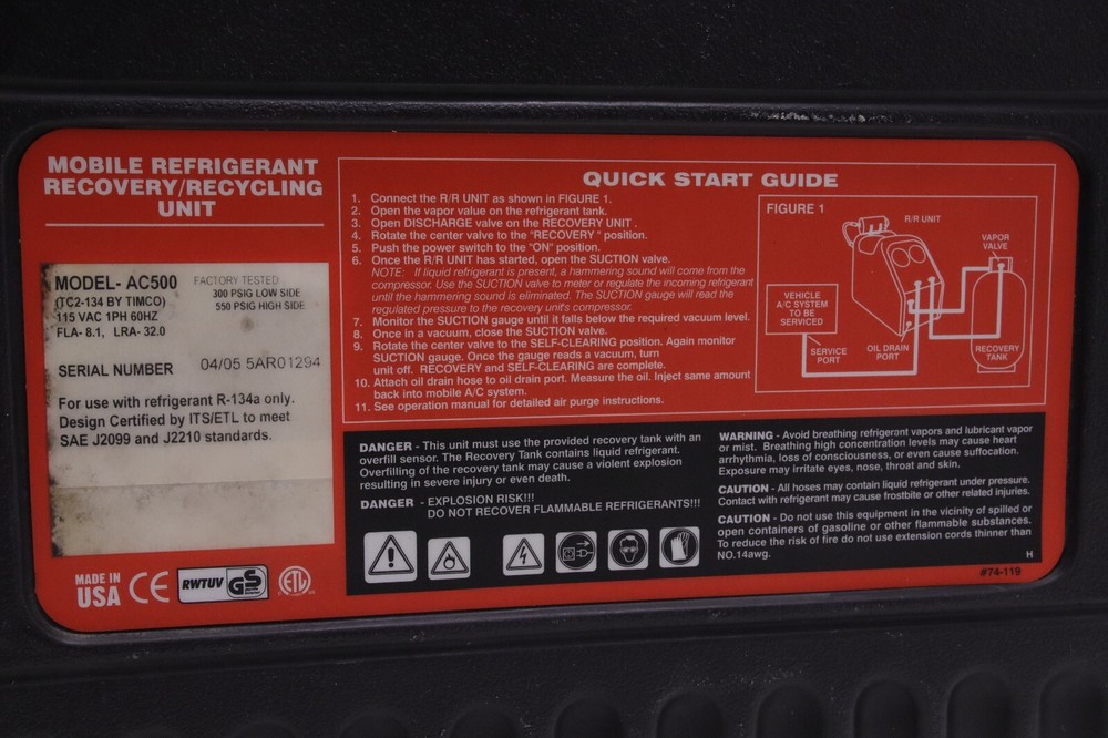 MAC Tools AC500 Refrigerant Recovery / Recycling Unit
