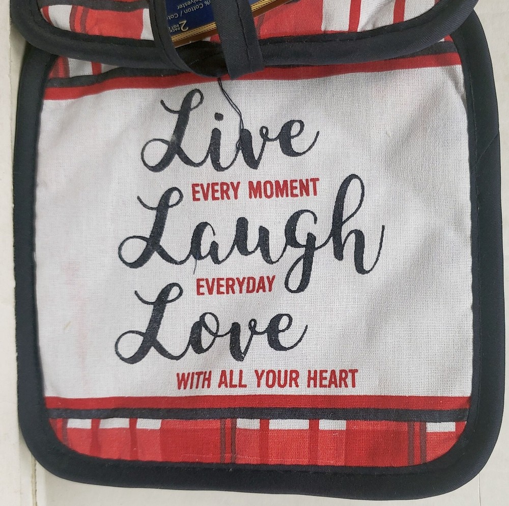2 Same Printed Kitchen Pot Holders (7" x 7") LIVE LAUGH LOVE, dark blue back, GR