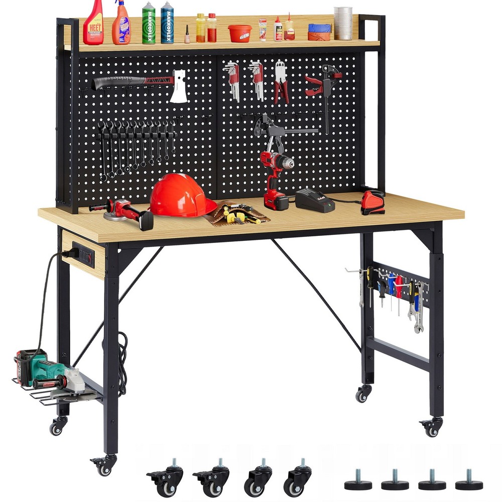 2000LB W47" Adjustable Work Bench Table Pegboard AC/USB Outlets Mobile Workbench