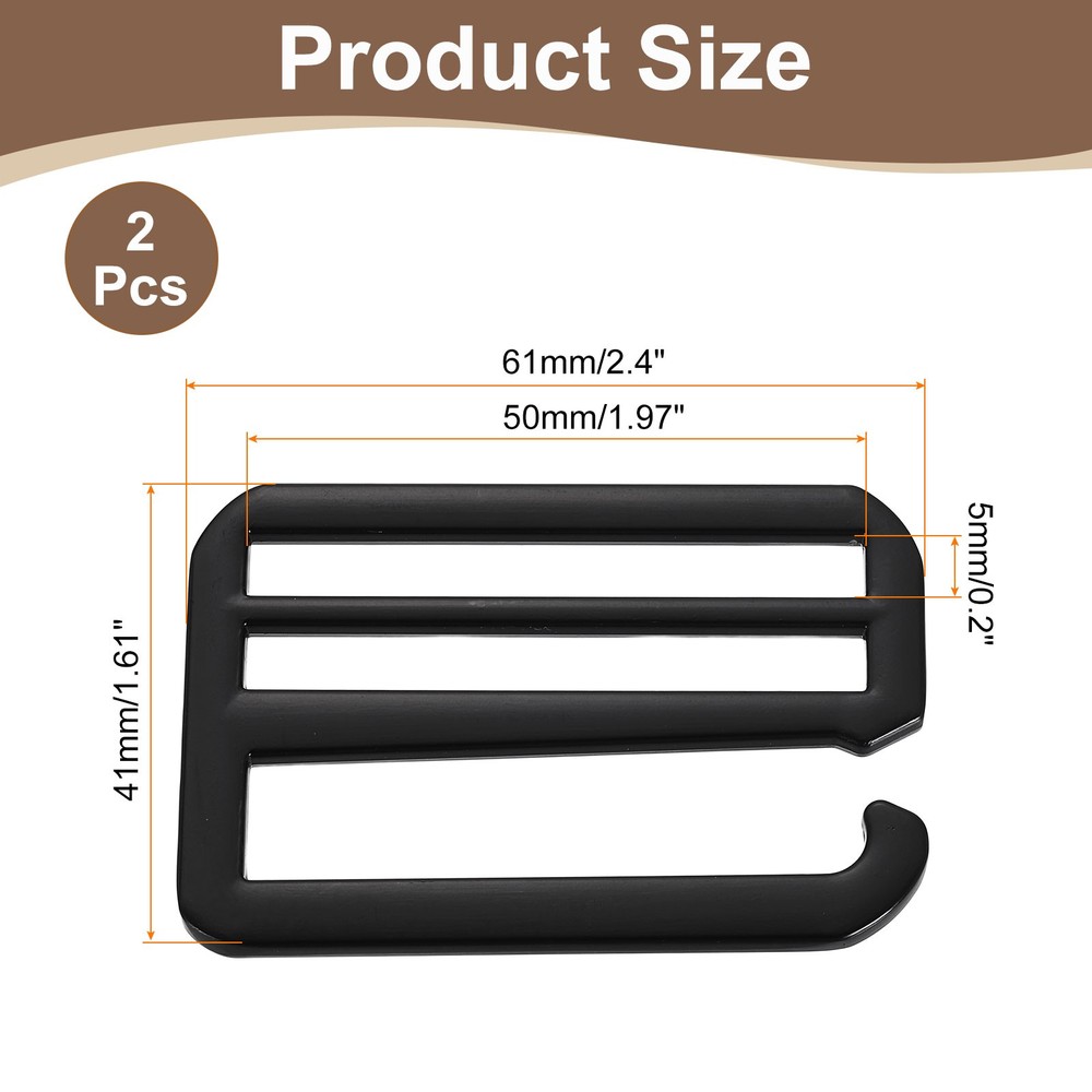 2Pcs G-Hook Webbing Buckles, 50mm Flat Tri-Glide, Black