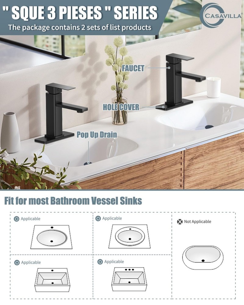 Bathroom Faucets Set with Pop Up Drain, Modern Single Handle Black Bathroom S...