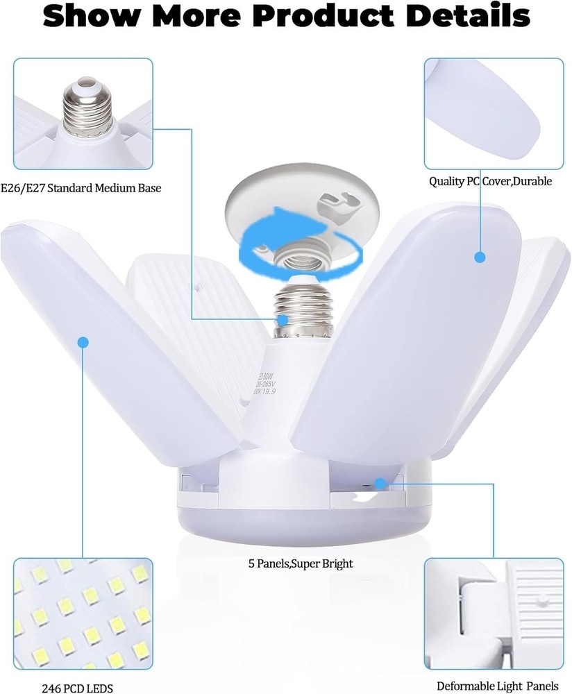 4 Pack LED Garage Lights, 6000LM 60W Deformable Shop Light W/ 4 Adjustable Panel