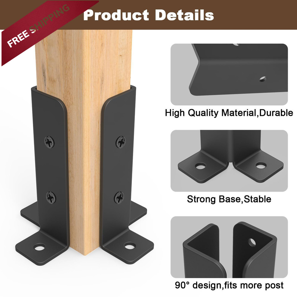 4 Pcs Adjustable Deck Post Anchor Brackets Kit - Fit 1.5x1.5, 2x2, 2x4, Black