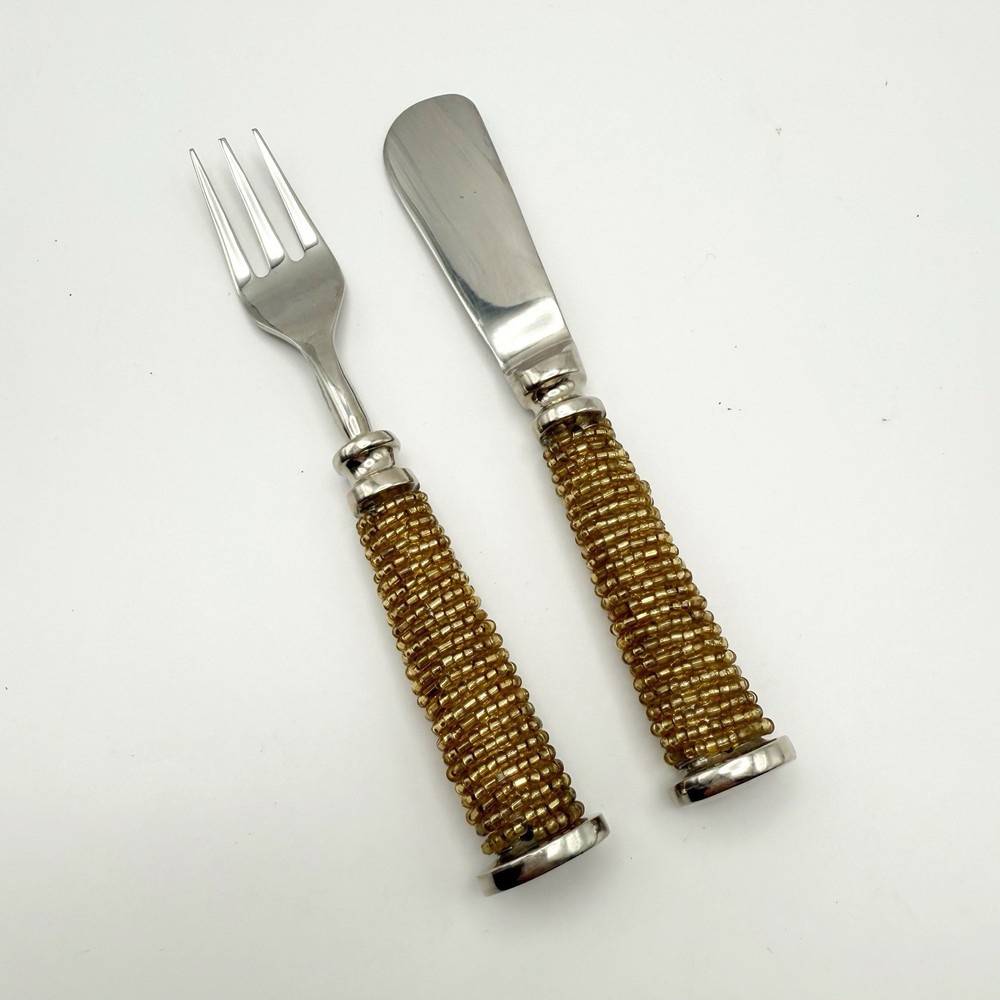 Tag Gold Beaded Spreader Fork Set of 2 Appetizer 6” Silver Tone