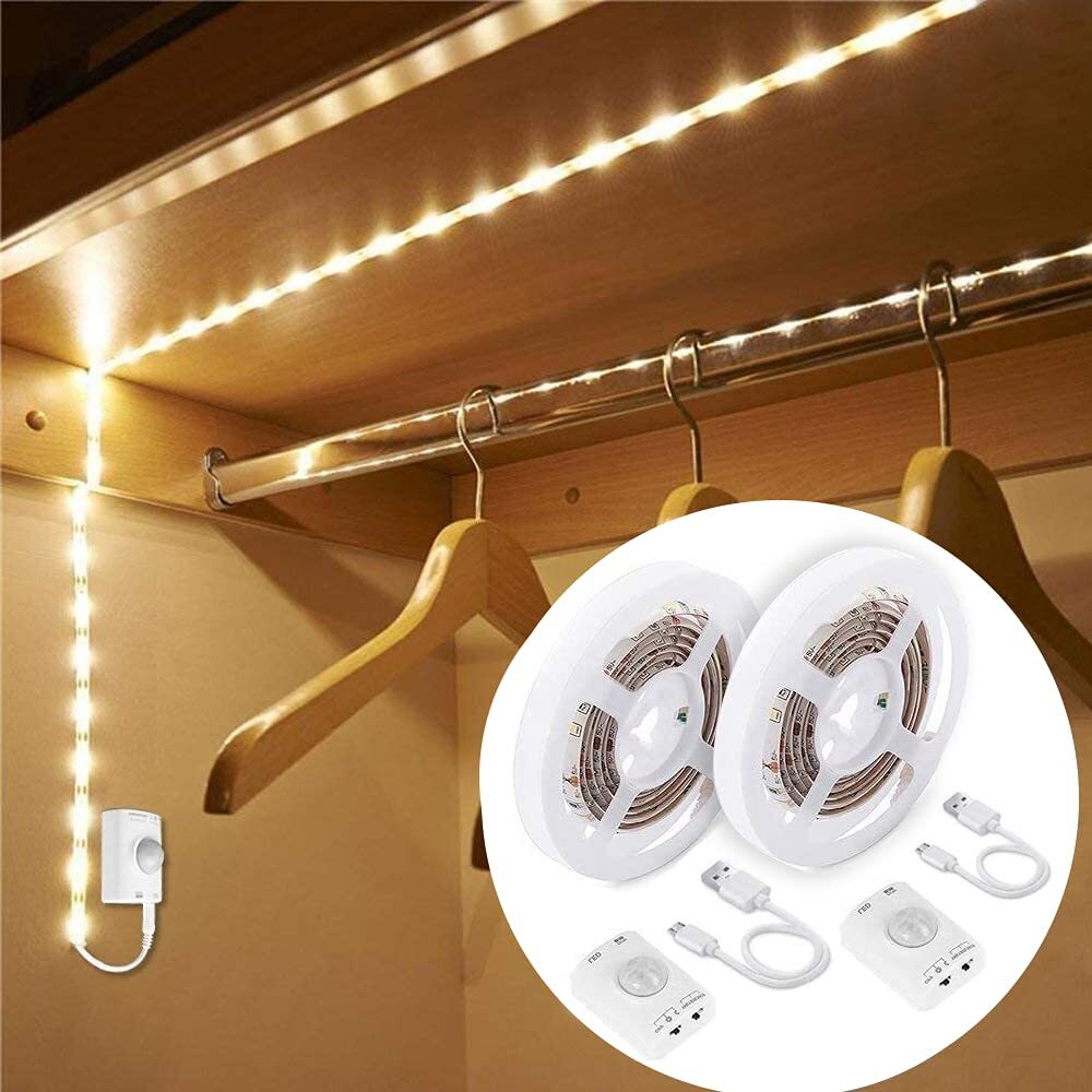 2-Pack Warm White Motion Sensor LED Strip Lights Rechargeable Closet Lights