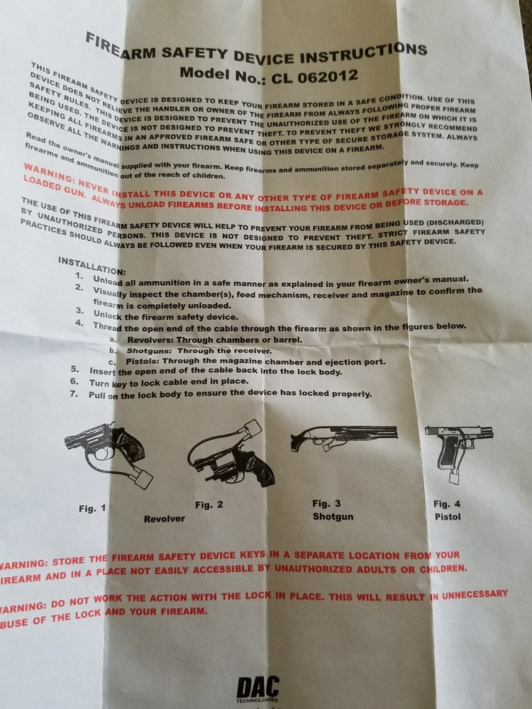 DAC Technologies ~ Firearm Safety Device ~ Lock & Key ~ CL062012