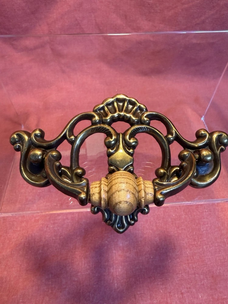 Vintage hardware bail drawer pull chippendale brass & oak 3”on centers