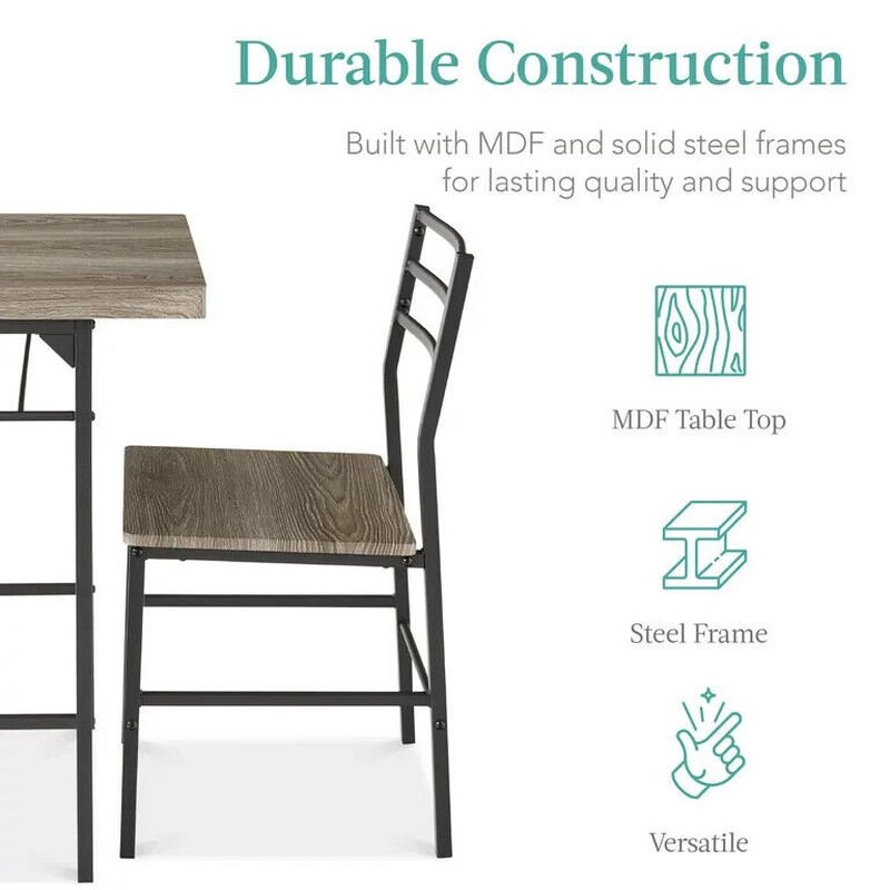 3 Piece Dining Set Gray Black Storage Compact Kitchen Dining Room Square Modern