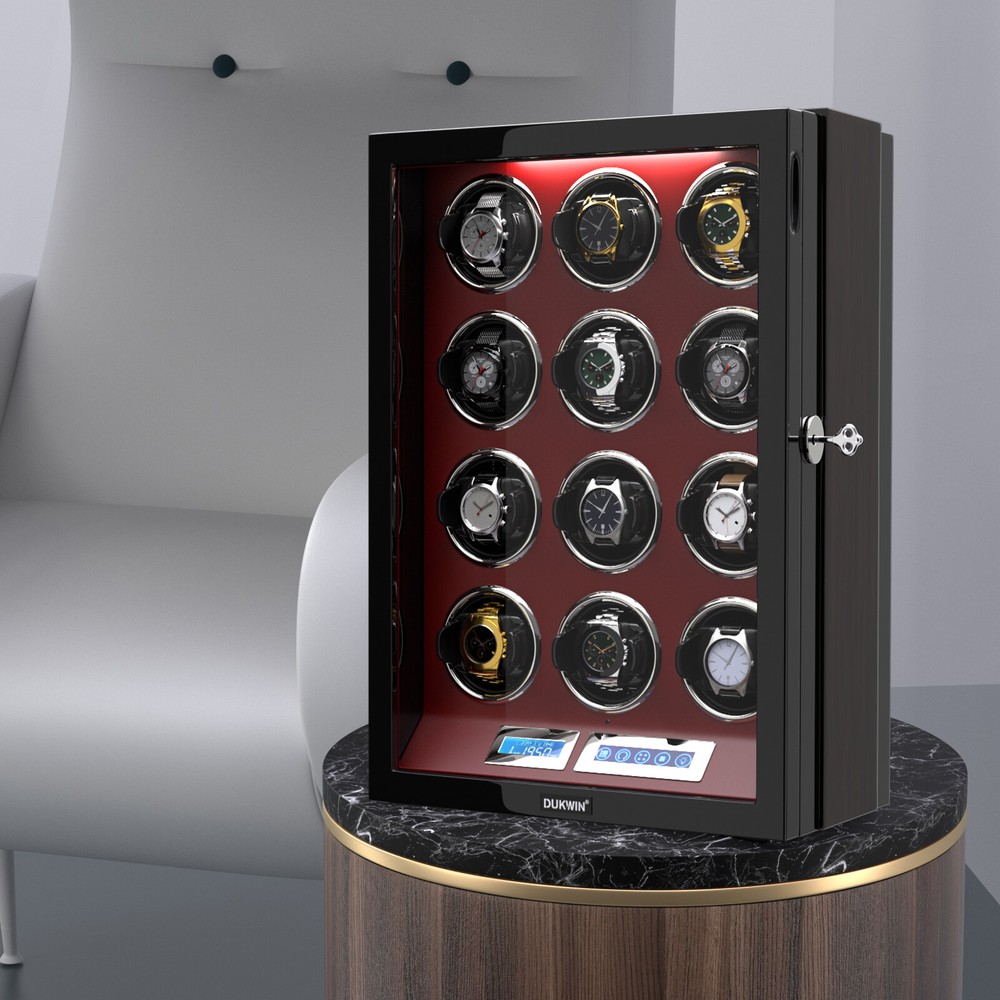 Automatic 12 Watch Winder Display Case Box LCD Touch Screen Display W/ LED Light