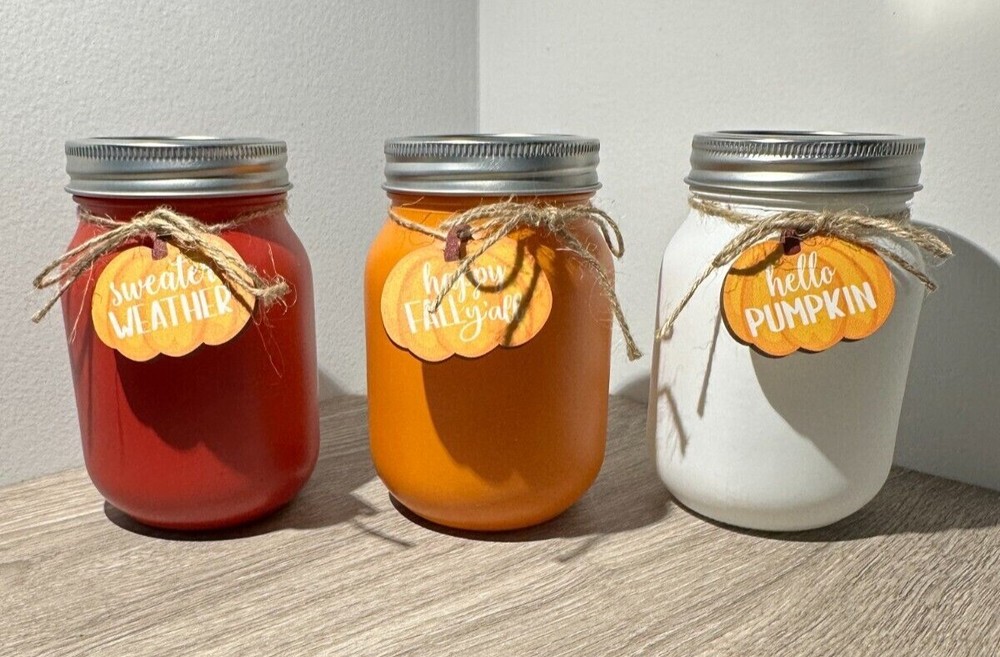 Fall Mason Jars Orange-White-Red Decorations 3 Count-NEW