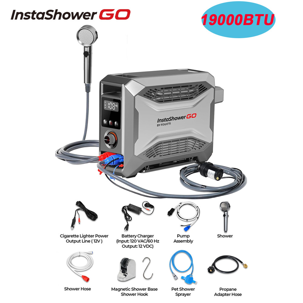 FOGATTI Portable Gas Water Heater 19,000 BTU For Outdoor Camping Shower 12V DC