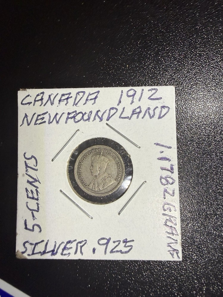 Silver 1912 Newfoundland Canada 5 Five Cent Coin