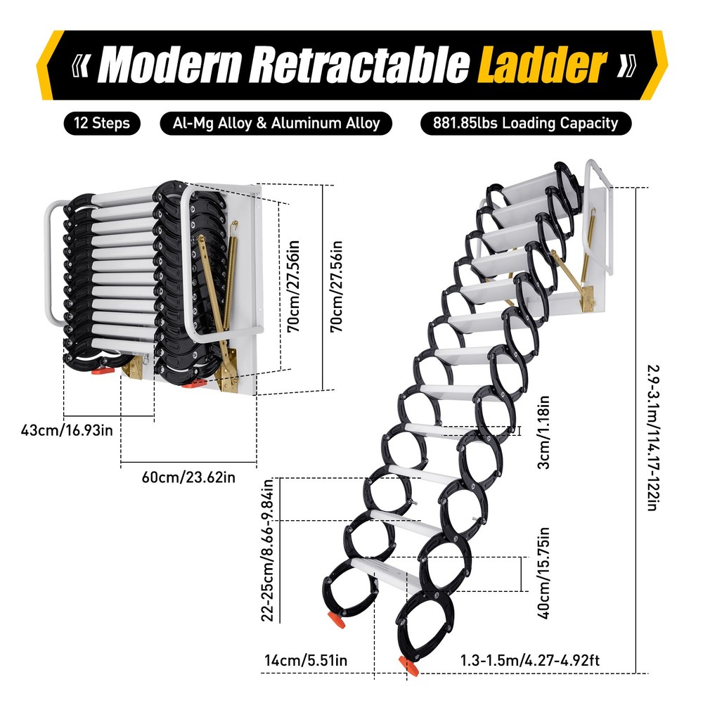 12 Steps Wall Mounted Folding Ladder Loft Stairs White Attic Steps Pull Down US